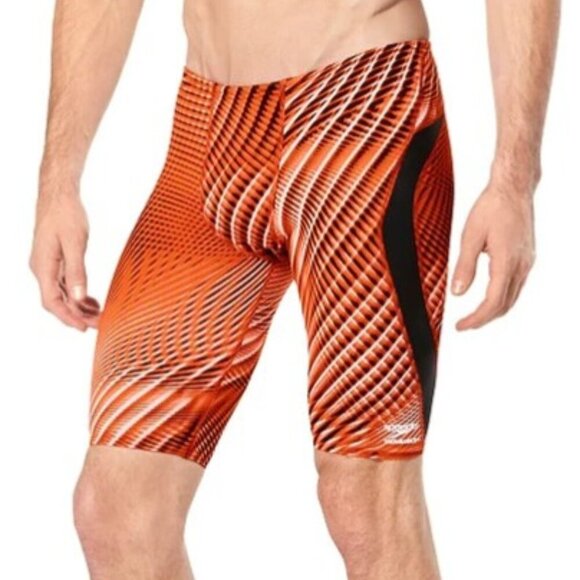 SPEEDO Endurance+ Warped Weave Jammer Men Small Orange Black Swim Board Shorts - Picture 1 of 12